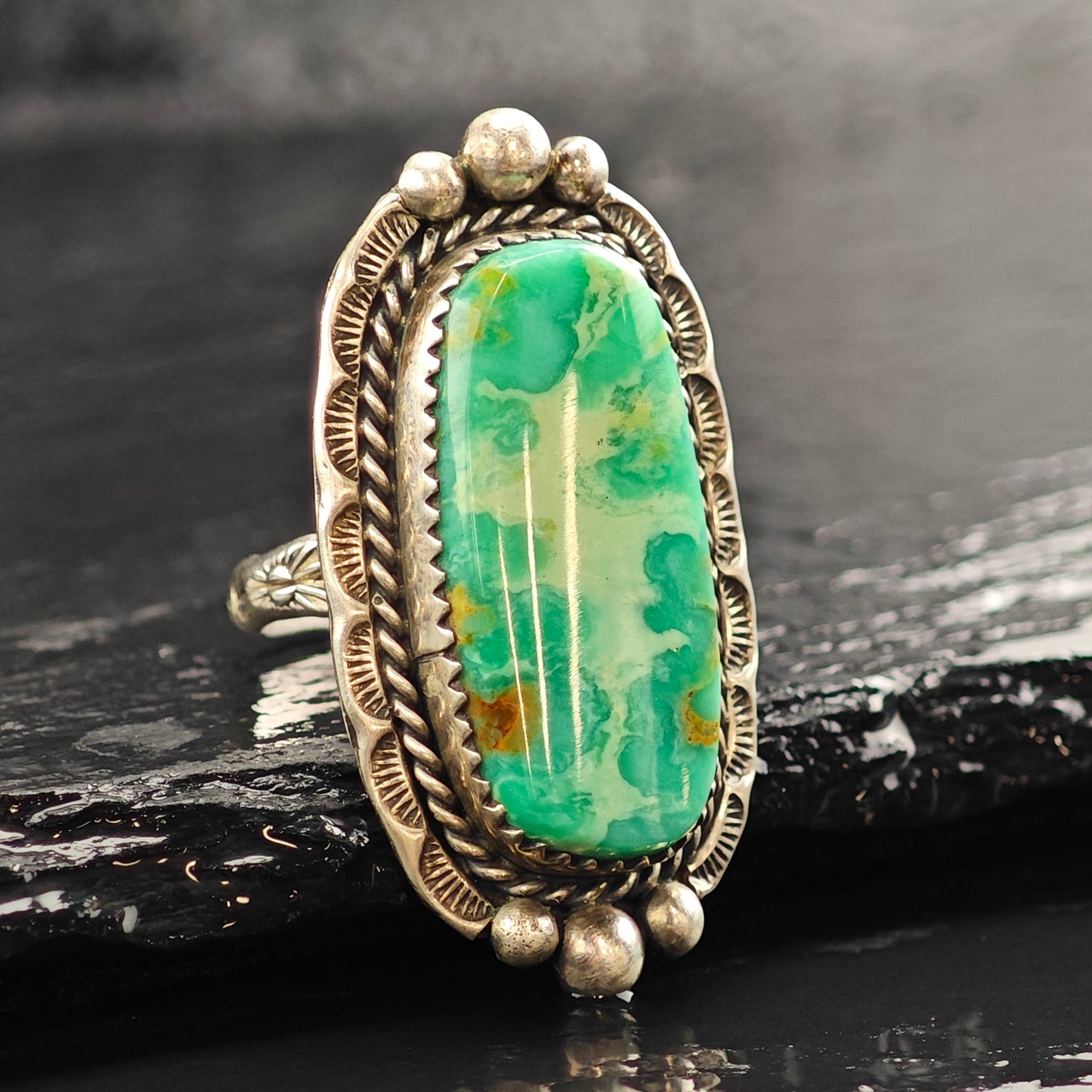 Rare Variscite Stamped Band Sterling Silver Ring Sz 6 1/2 R6531