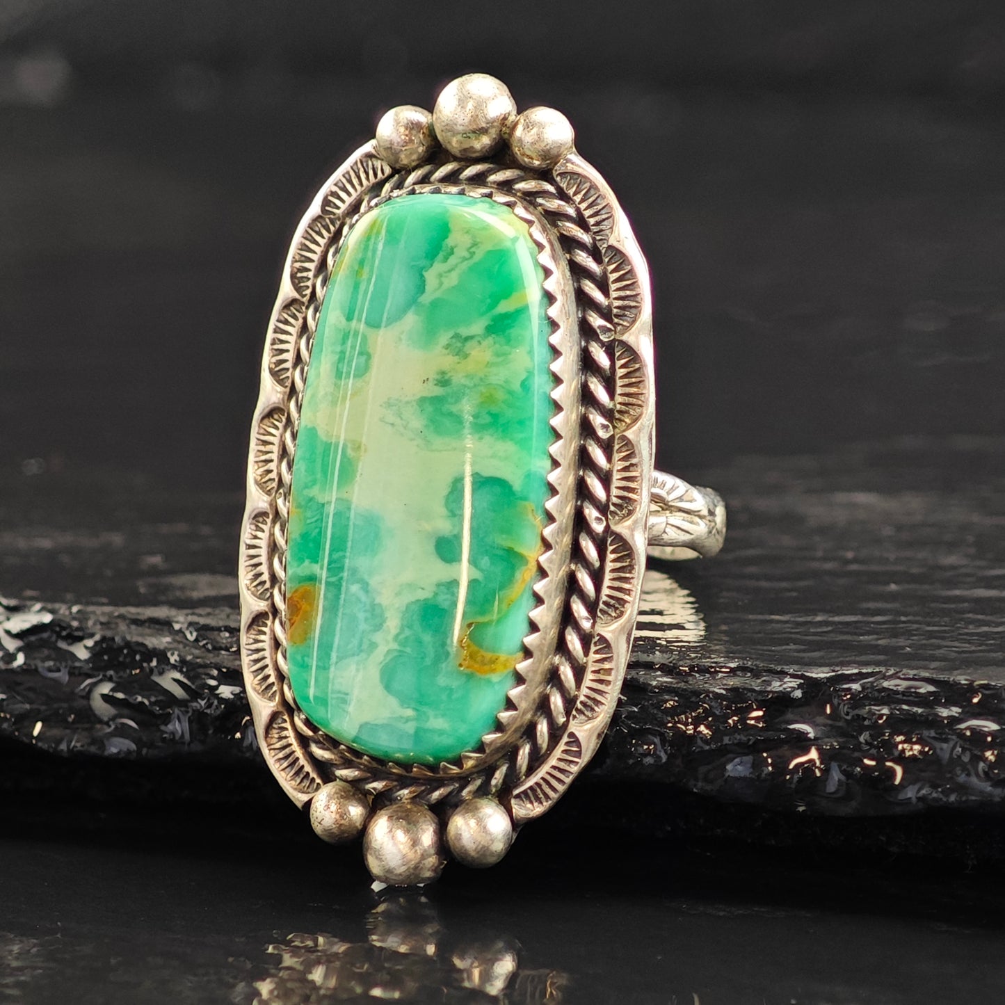 Rare Variscite Stamped Band Sterling Silver Ring Sz 6 1/2 R6531