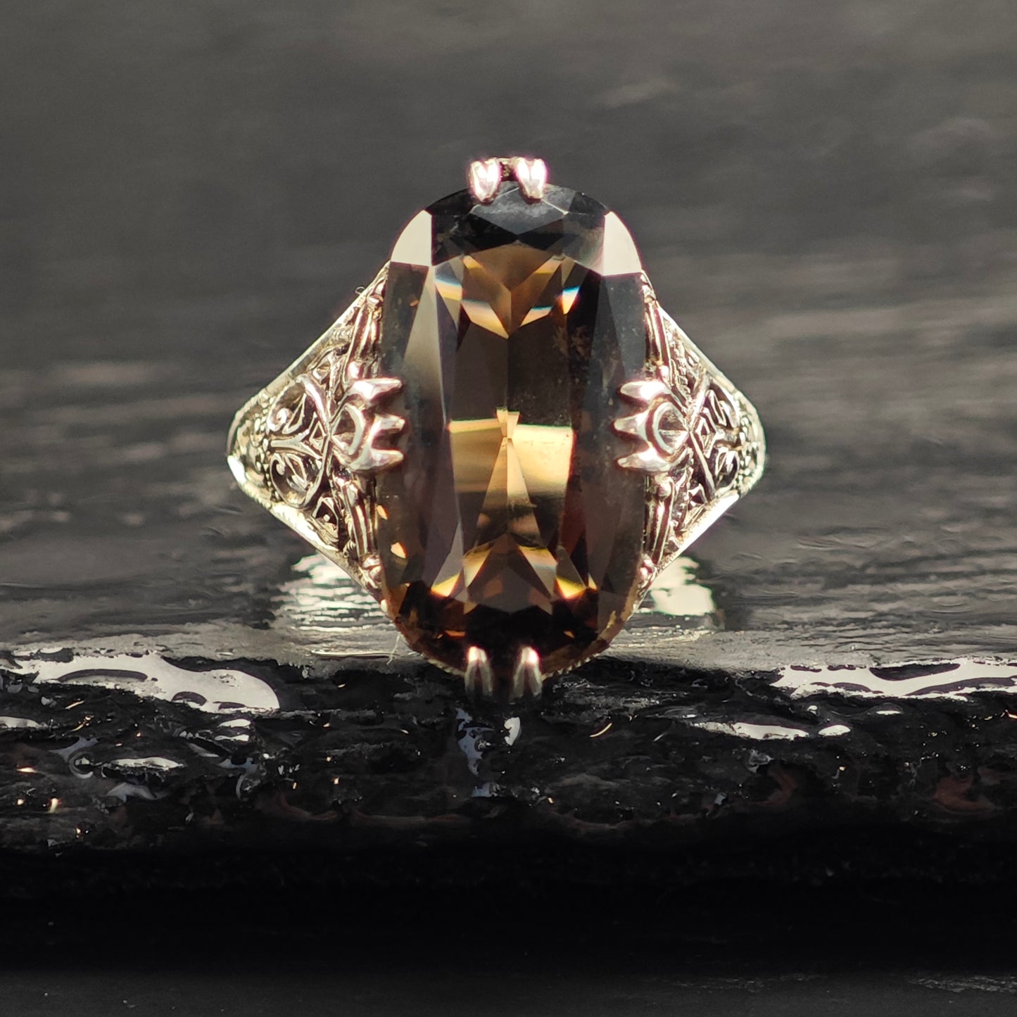 Art Deco Style Smoky Quartz Filigree Sterling Silver Ring Sz 6 R6533