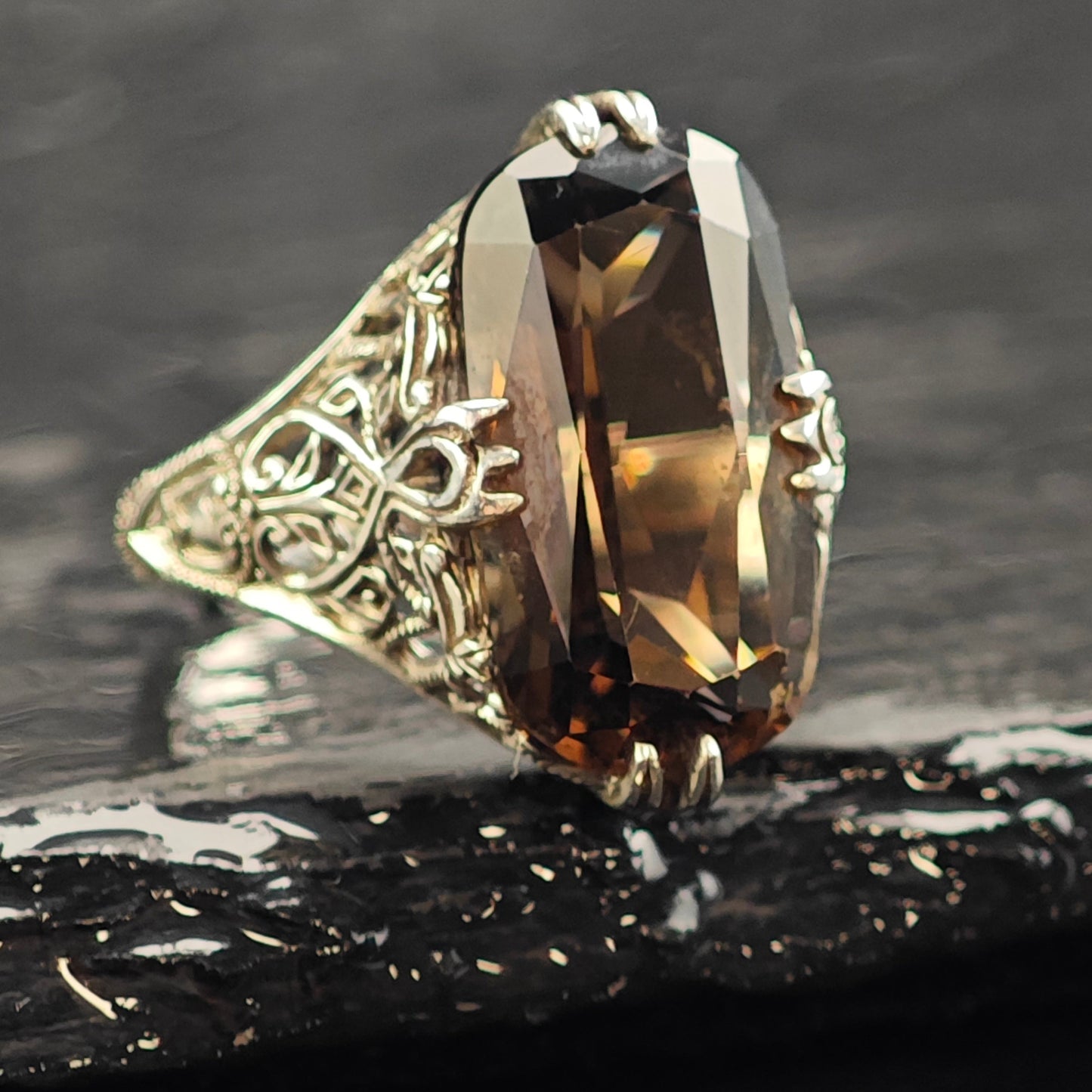 Art Deco Style Smoky Quartz Filigree Sterling Silver Ring Sz 6 R6533