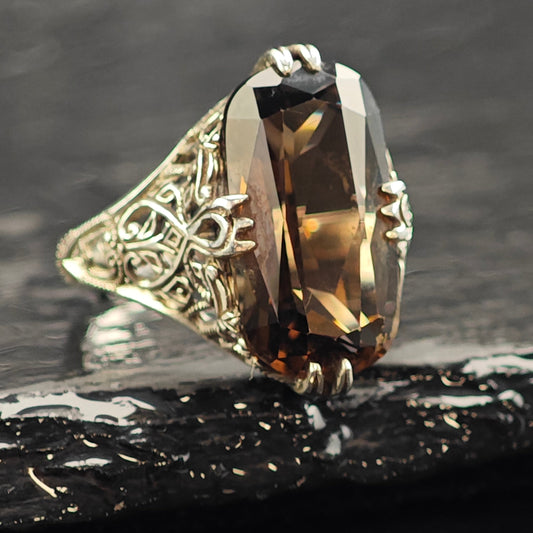 Art Deco Style Smoky Quartz Filigree Sterling Silver Ring Sz 6 R6533