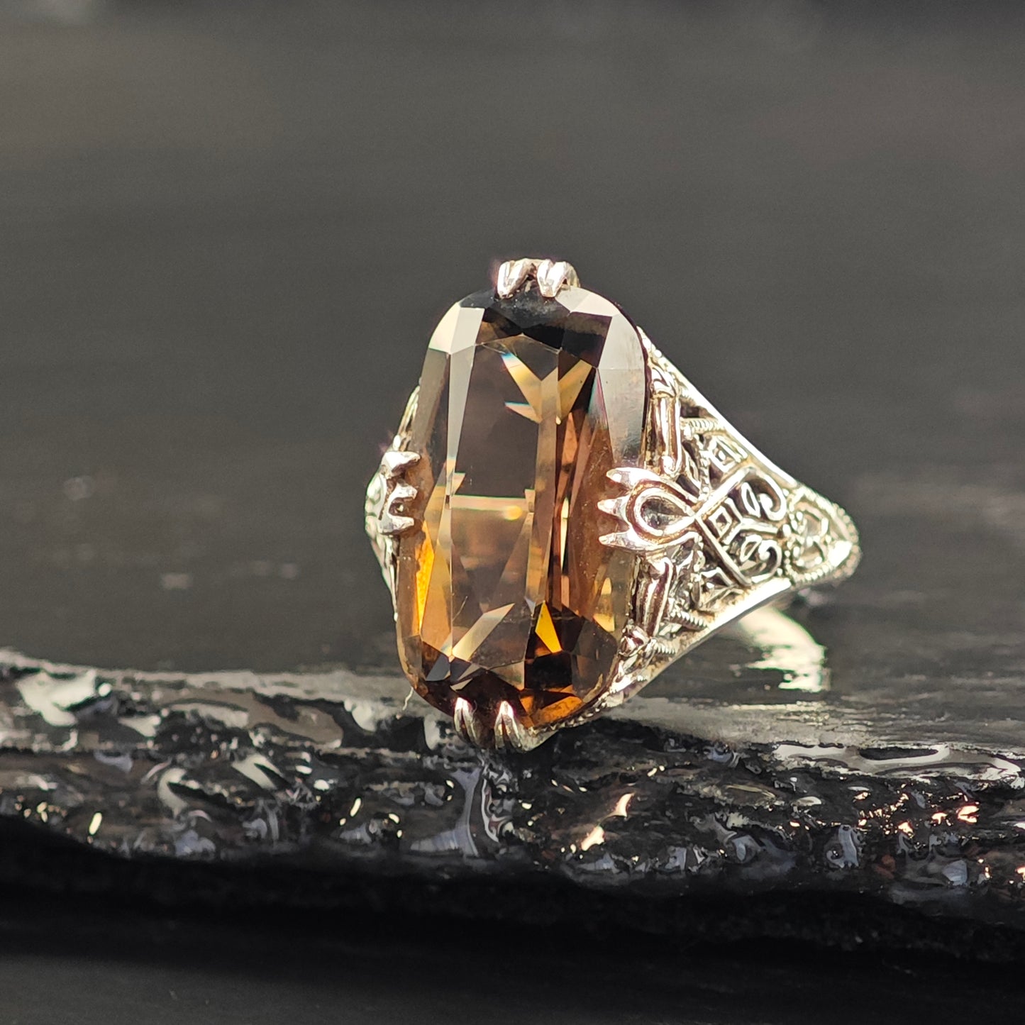 Art Deco Style Smoky Quartz Filigree Sterling Silver Ring Sz 6 R6533