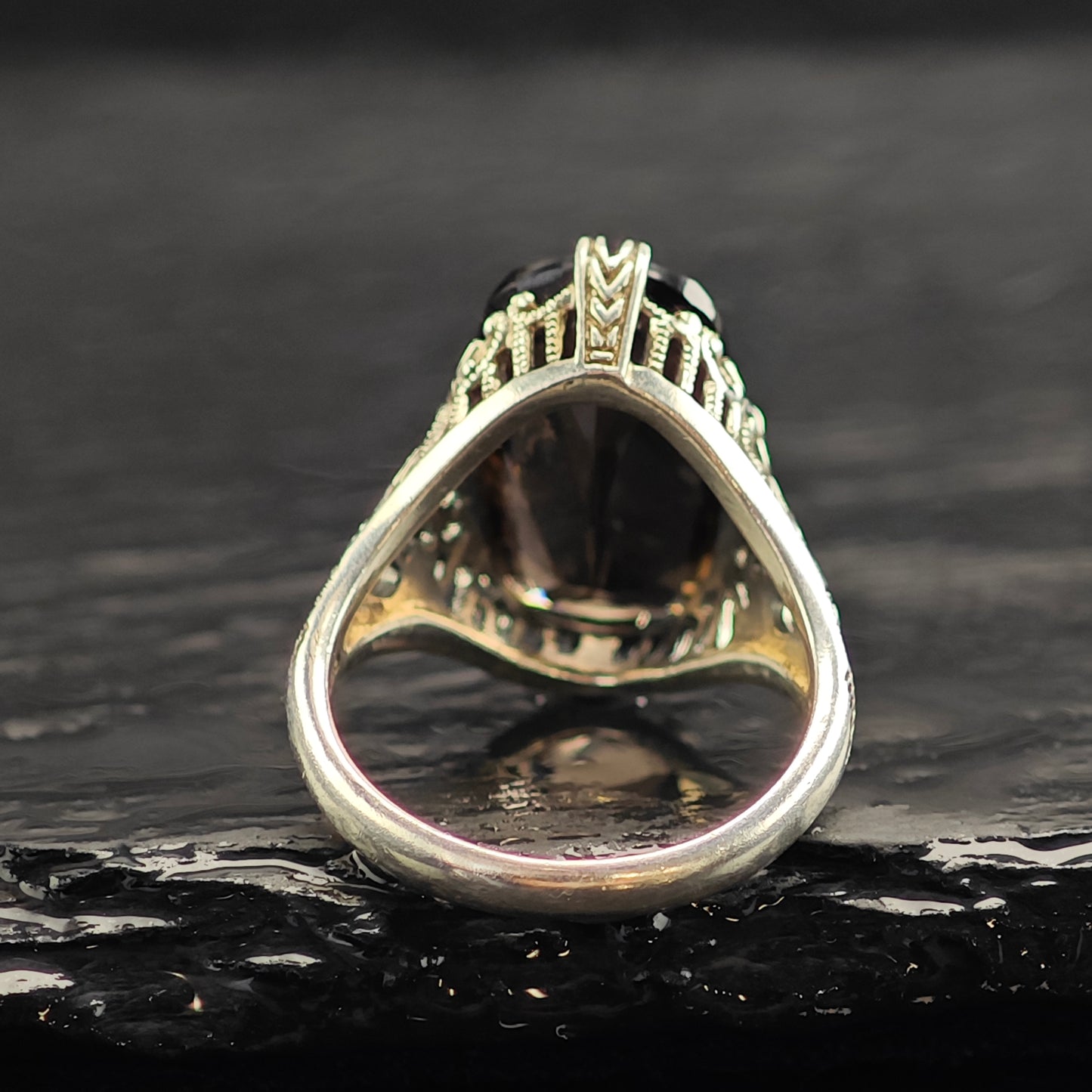 Art Deco Style Smoky Quartz Filigree Sterling Silver Ring Sz 6 R6533