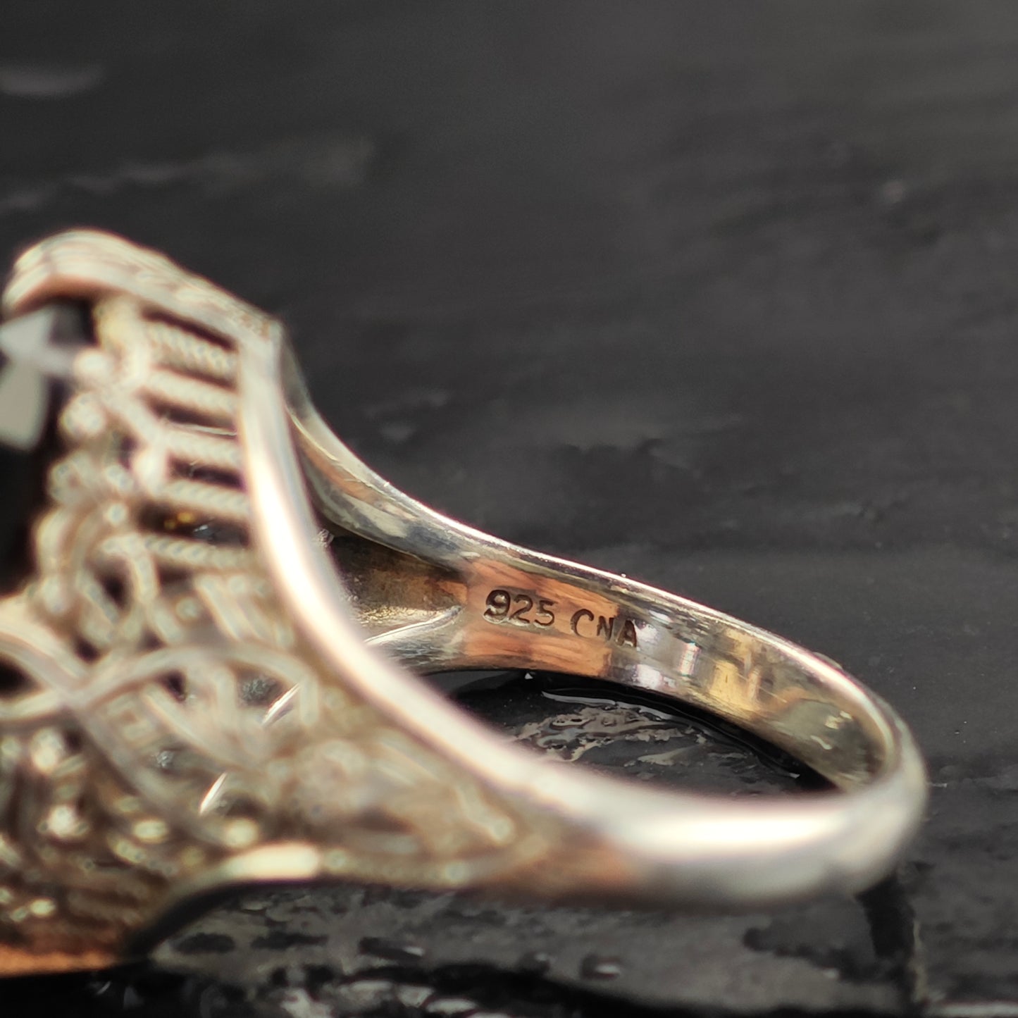 Art Deco Style Smoky Quartz Filigree Sterling Silver Ring Sz 6 R6533