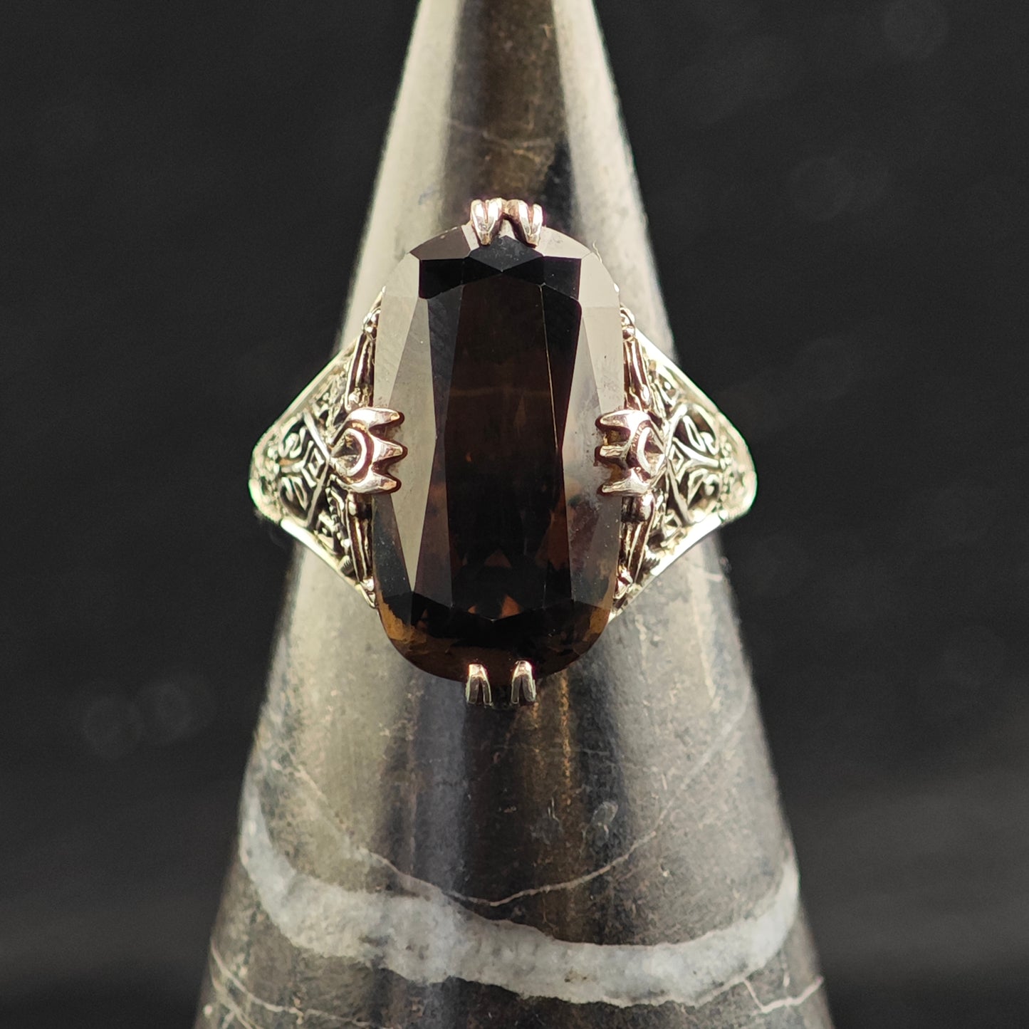 Art Deco Style Smoky Quartz Filigree Sterling Silver Ring Sz 6 R6533