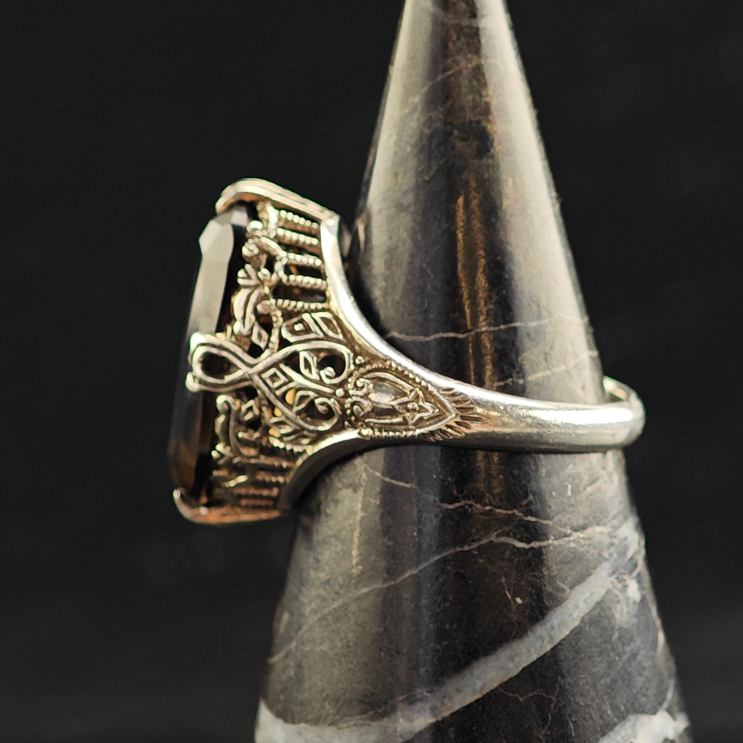 Art Deco Style Smoky Quartz Filigree Sterling Silver Ring Sz 6 R6533
