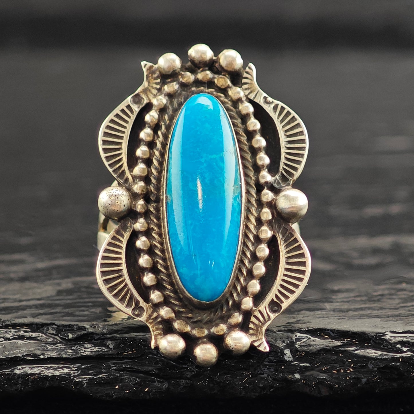 Running Bear Oval Turquoise Ring Sterling Silver Sz 6 3/4 R6535