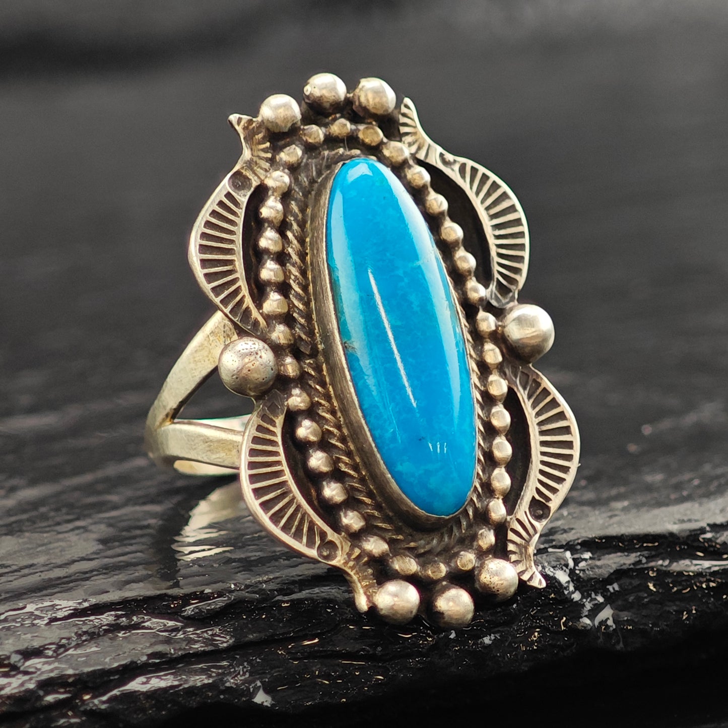 Running Bear Oval Turquoise Ring Sterling Silver Sz 6 3/4 R6535