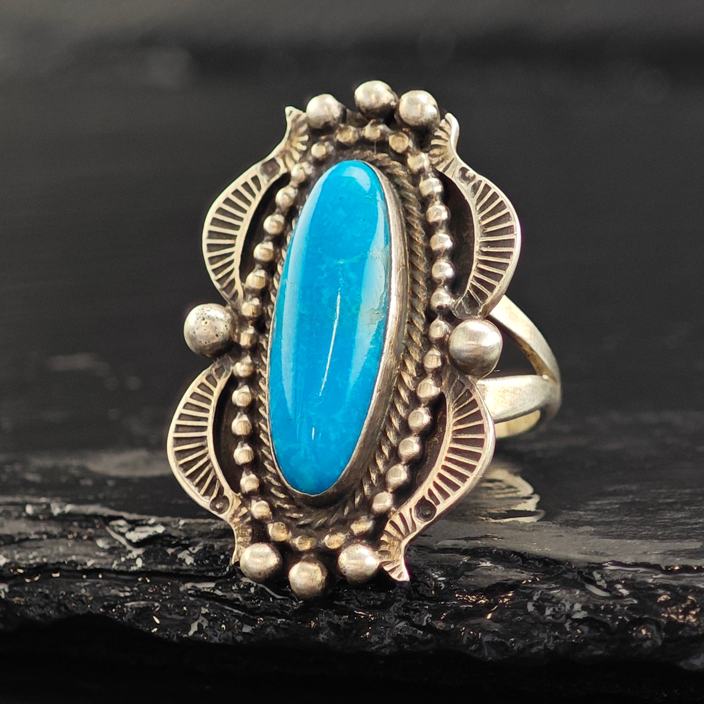 Running Bear Oval Turquoise Ring Sterling Silver Sz 6 3/4 R6535