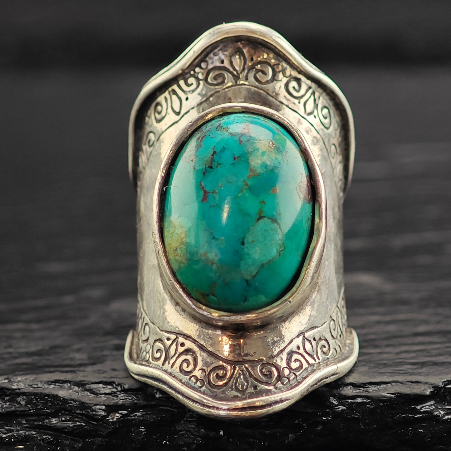 Turquoise Thick Stamped Band Sterling Silver Ring Sz 6 3/4 R6536