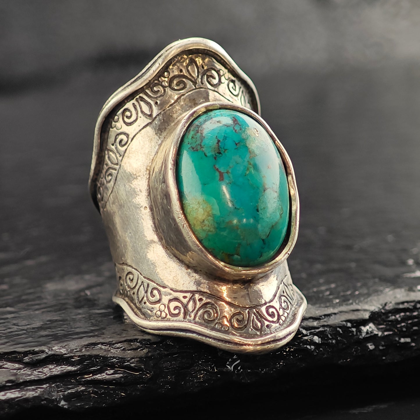 Turquoise Thick Stamped Band Sterling Silver Ring Sz 6 3/4 R6536