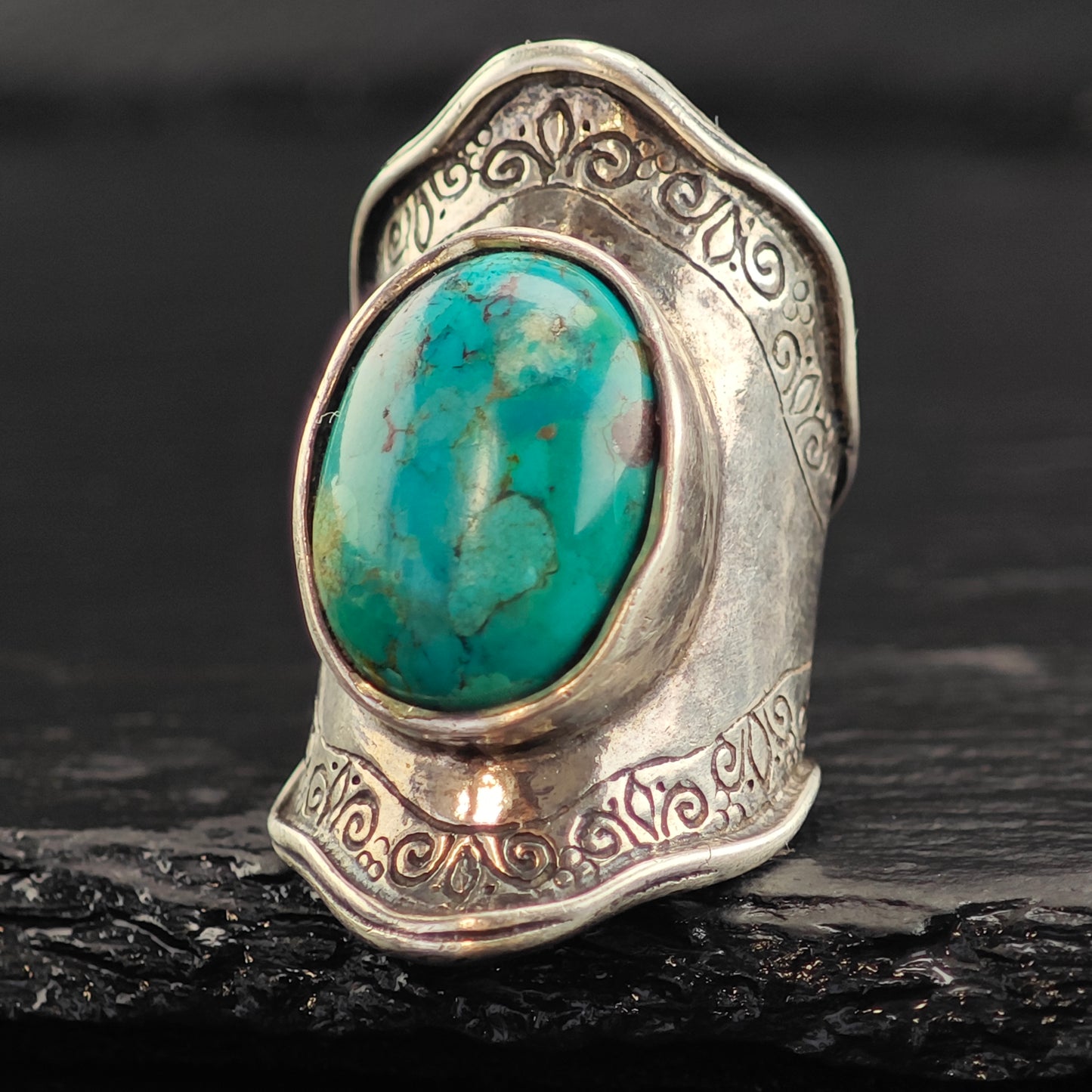 Turquoise Thick Stamped Band Sterling Silver Ring Sz 6 3/4 R6536