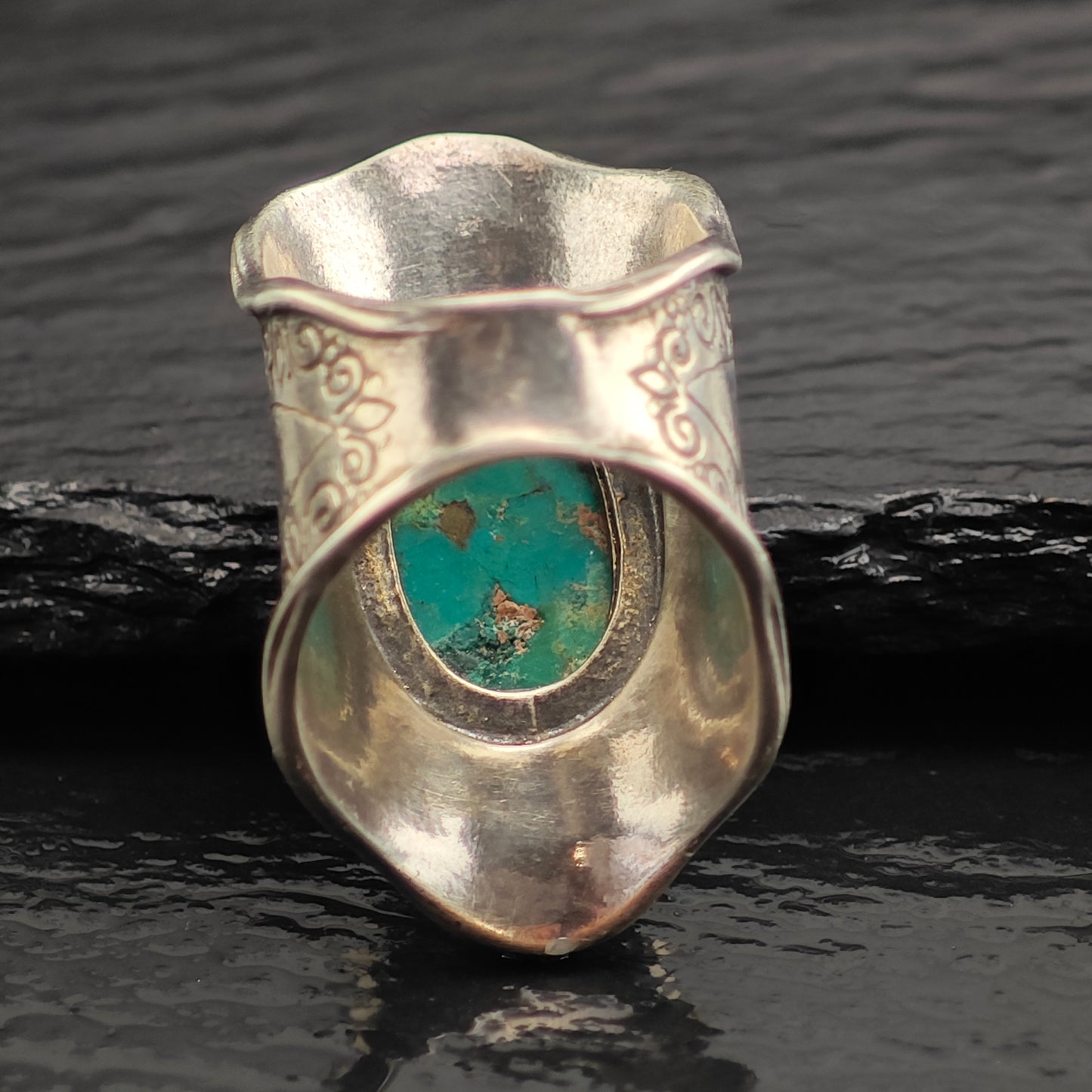 Turquoise Thick Stamped Band Sterling Silver Ring Sz 6 3/4 R6536