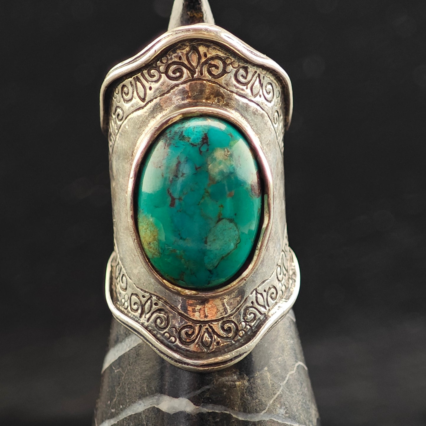 Turquoise Thick Stamped Band Sterling Silver Ring Sz 6 3/4 R6536