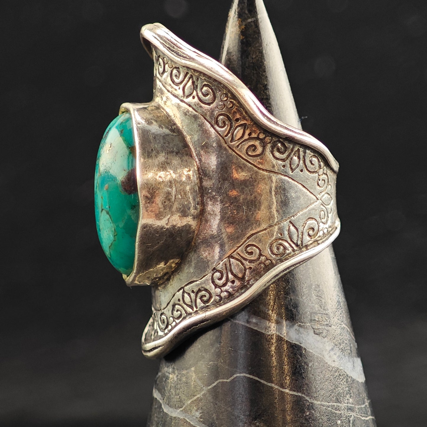 Turquoise Thick Stamped Band Sterling Silver Ring Sz 6 3/4 R6536