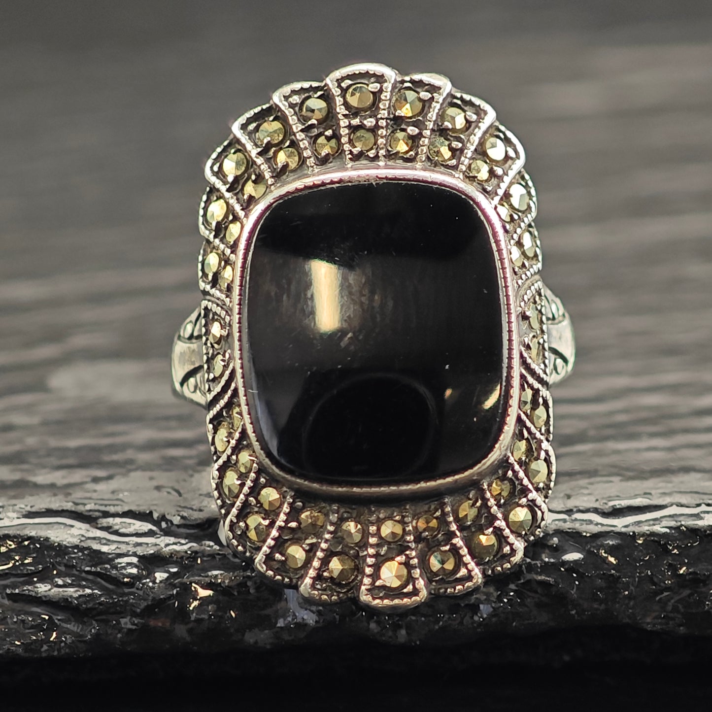 Art Deco Onyx Sterling Silver Ring Sz 6 1/2 R6537