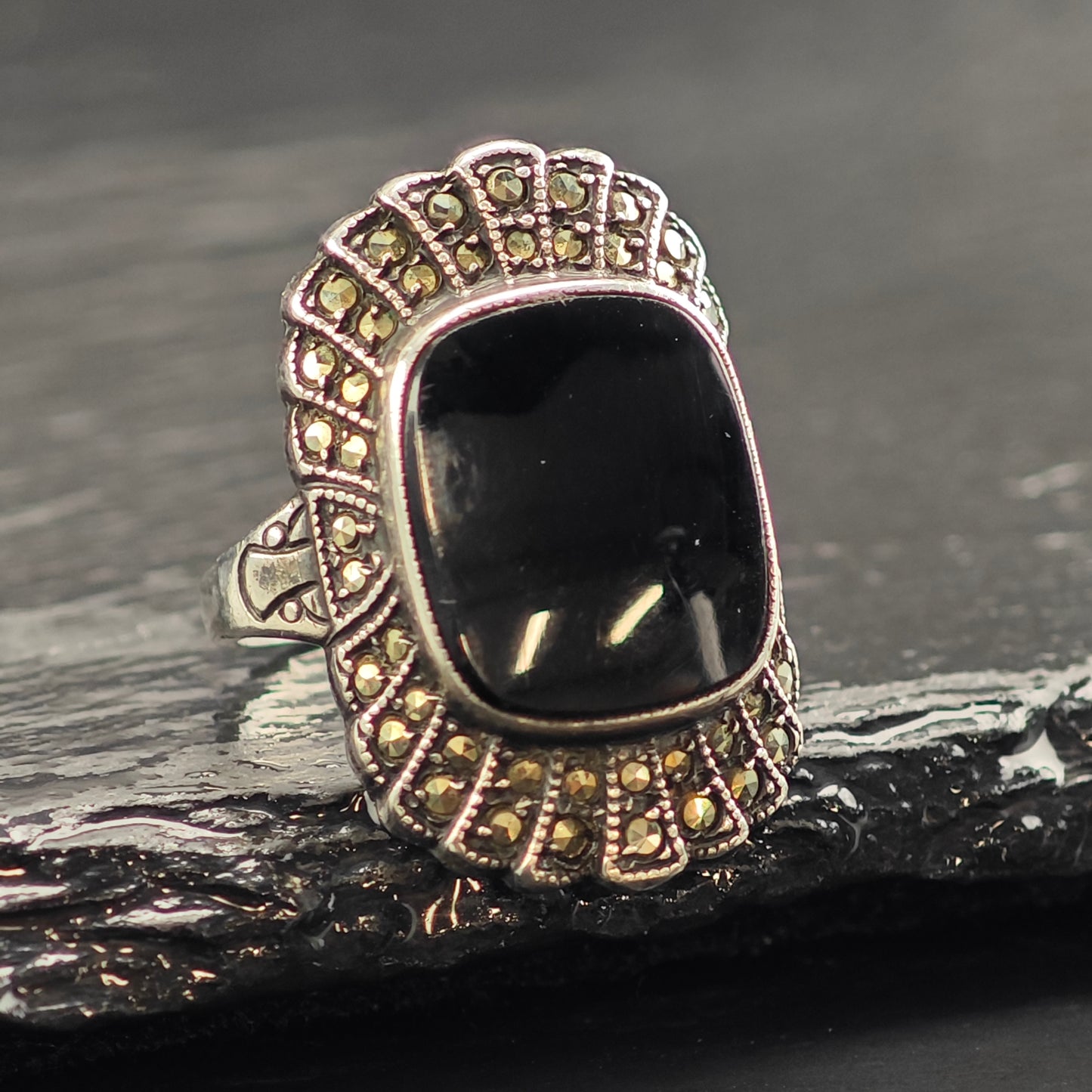 Art Deco Onyx Sterling Silver Ring Sz 6 1/2 R6537