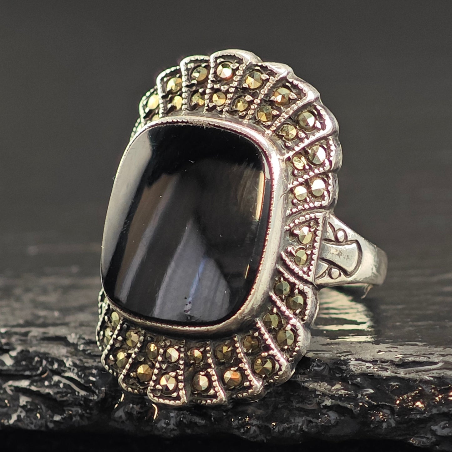 Art Deco Onyx Sterling Silver Ring Sz 6 1/2 R6537