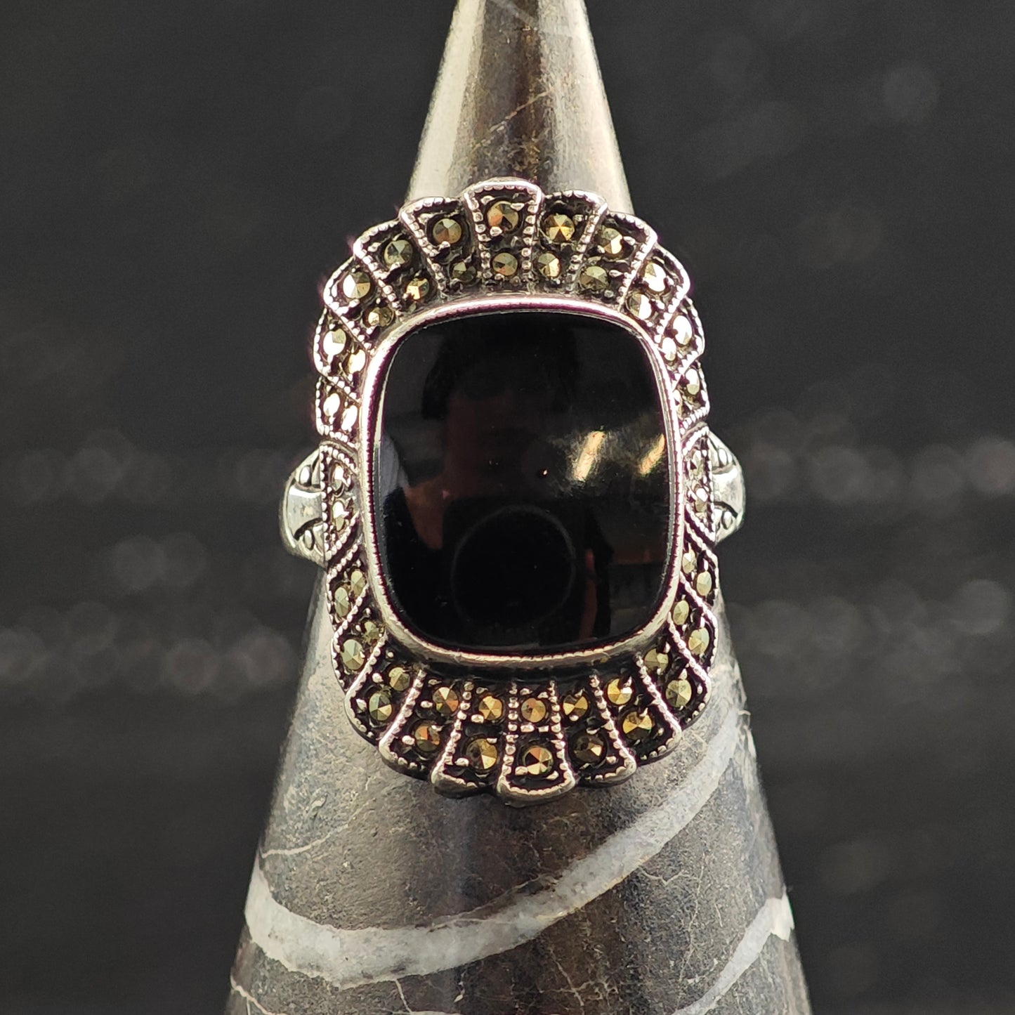 Art Deco Onyx Sterling Silver Ring Sz 6 1/2 R6537