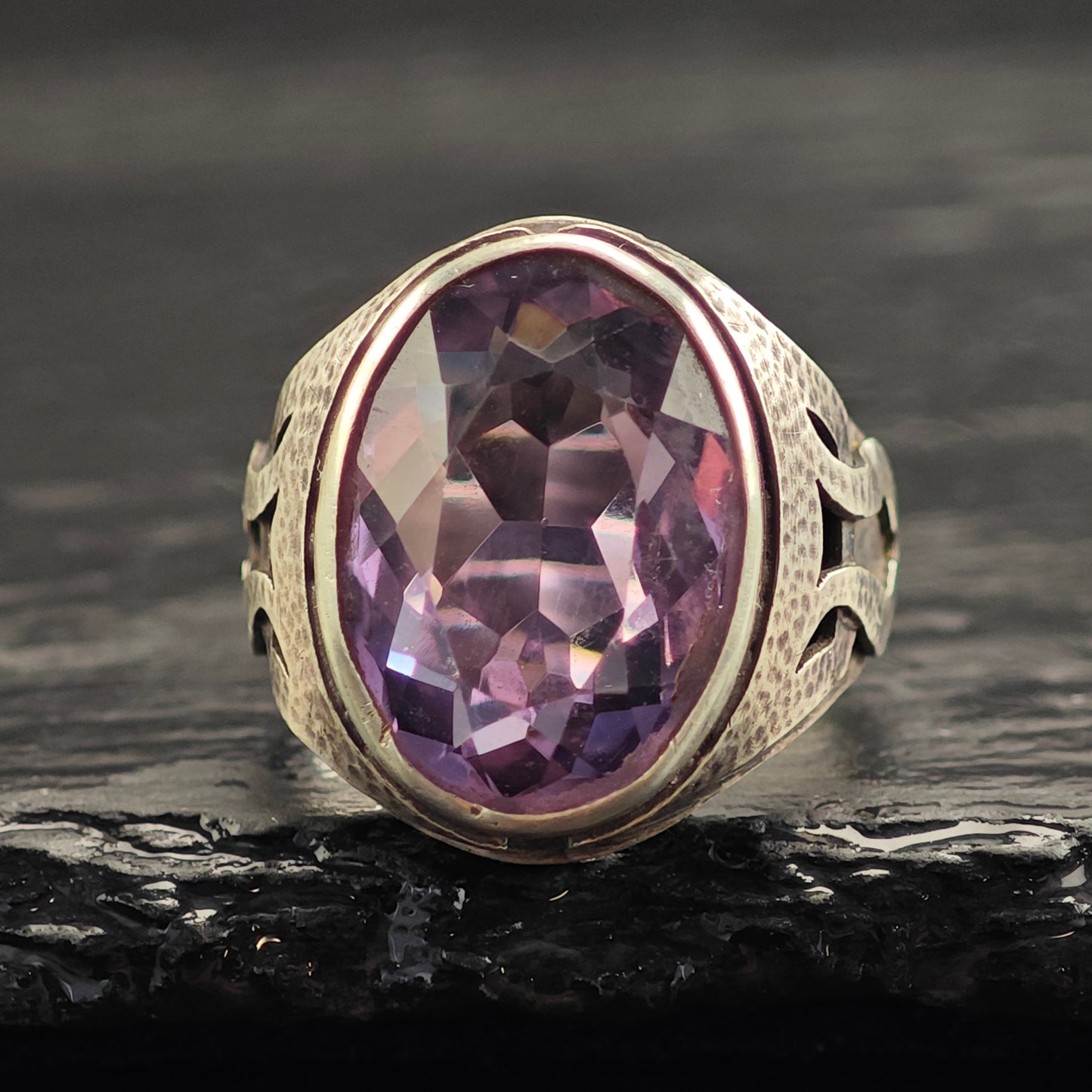 Arts and Crafts Silver Period Amethyst Adjustable Sterling Ring Sz 8 1/2 R6539