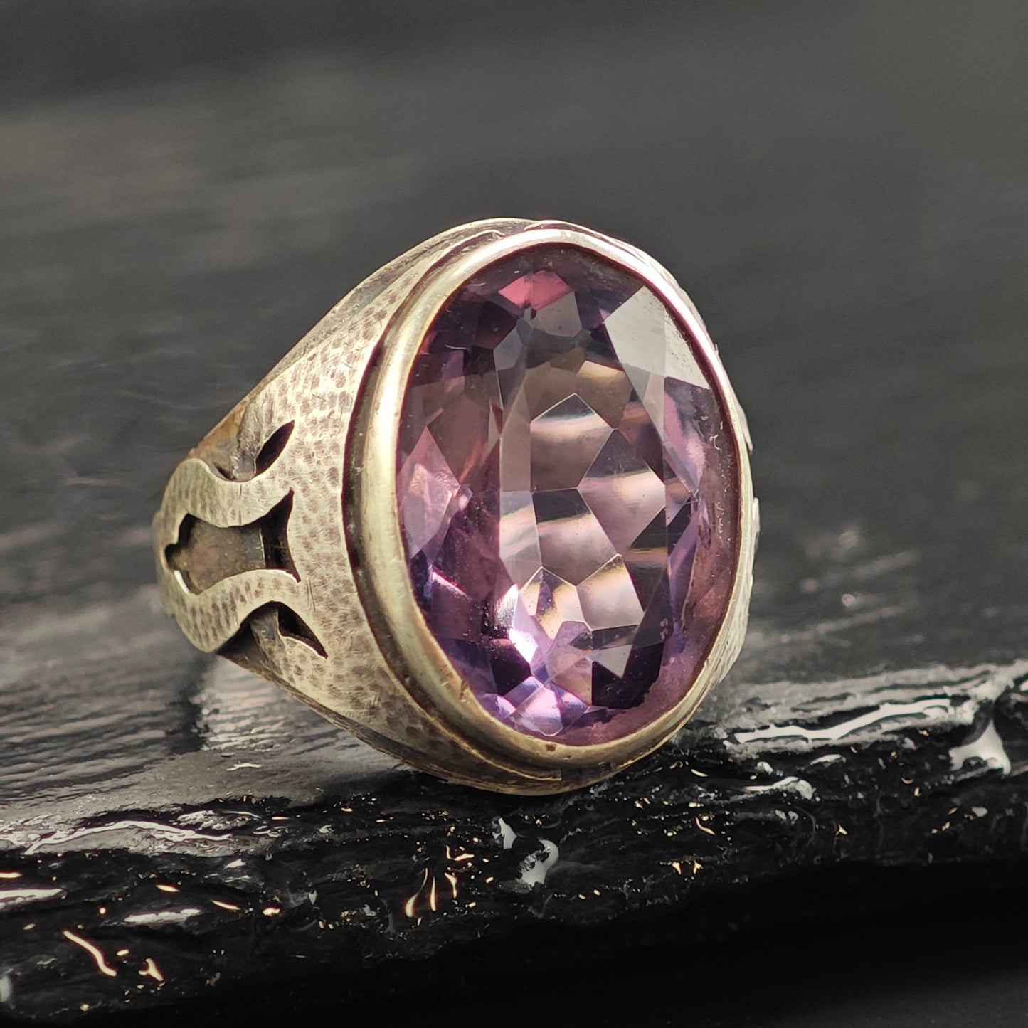 Arts and Crafts Silver Period Amethyst Adjustable Sterling Ring Sz 8 1/2 R6539