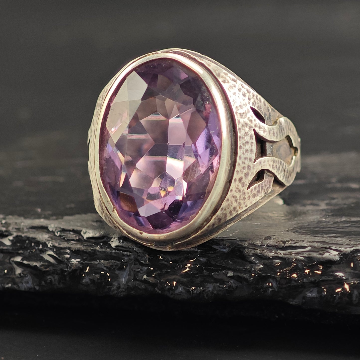 Arts and Crafts Silver Period Amethyst Adjustable Sterling Ring Sz 8 1/2 R6539