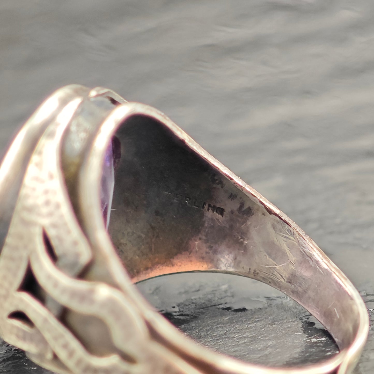 Arts and Crafts Silver Period Amethyst Adjustable Sterling Ring Sz 8 1/2 R6539