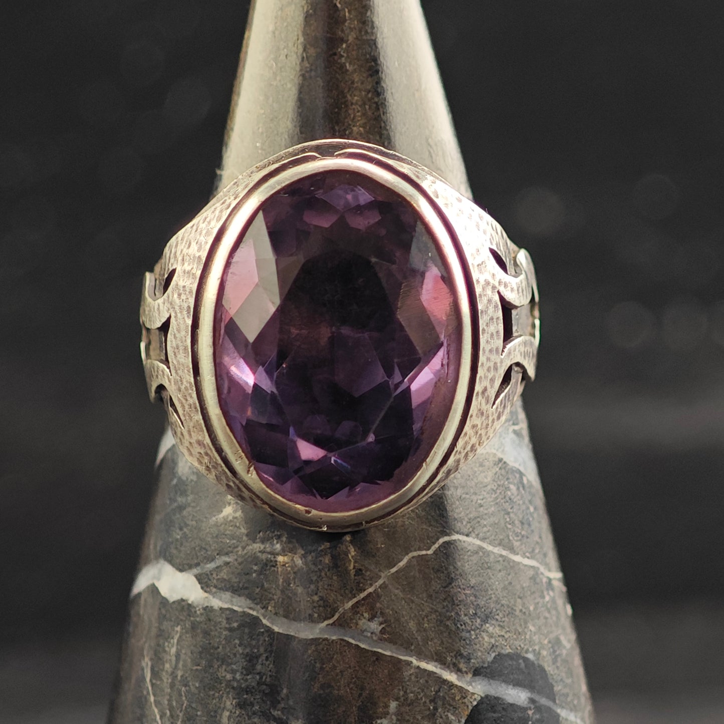 Arts and Crafts Silver Period Amethyst Adjustable Sterling Ring Sz 8 1/2 R6539