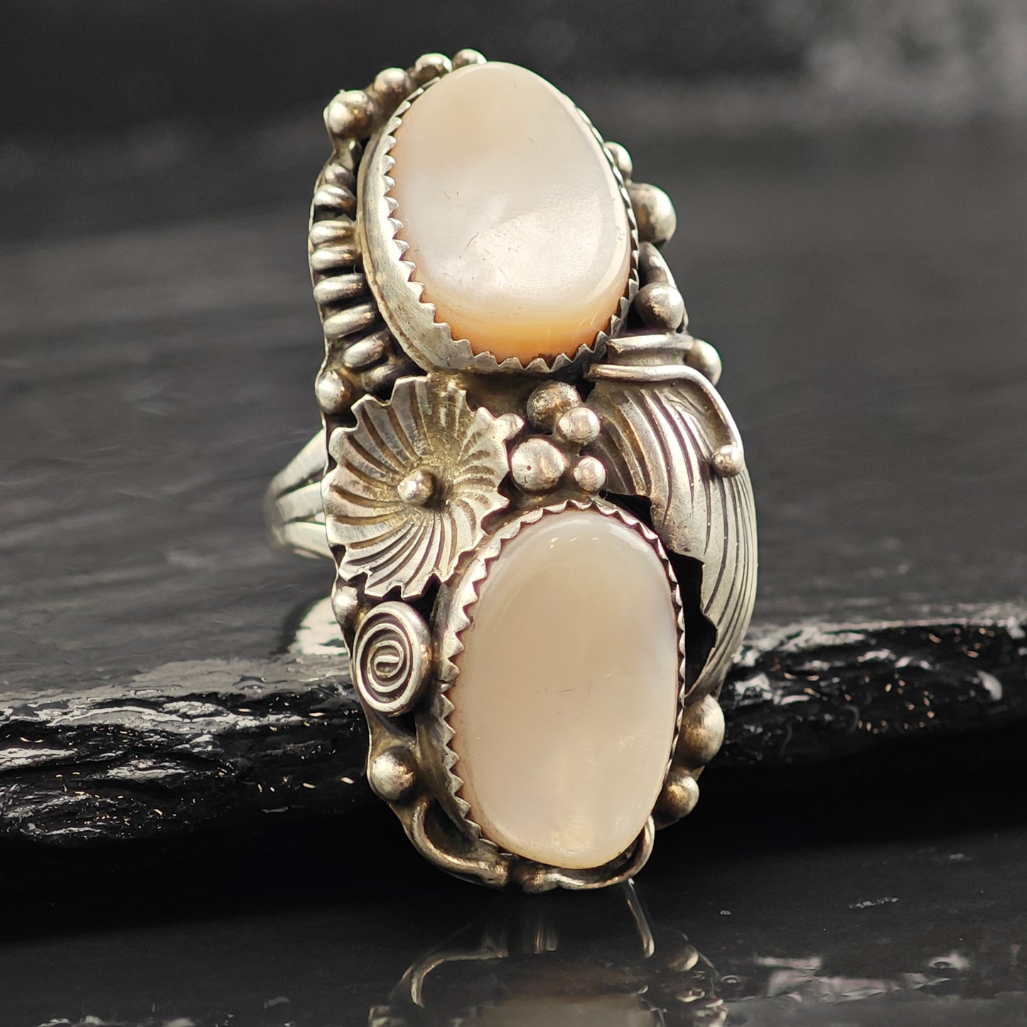 Native American Large MOP Floral Sterling Silver Ring Sz 8 1/4 R6540