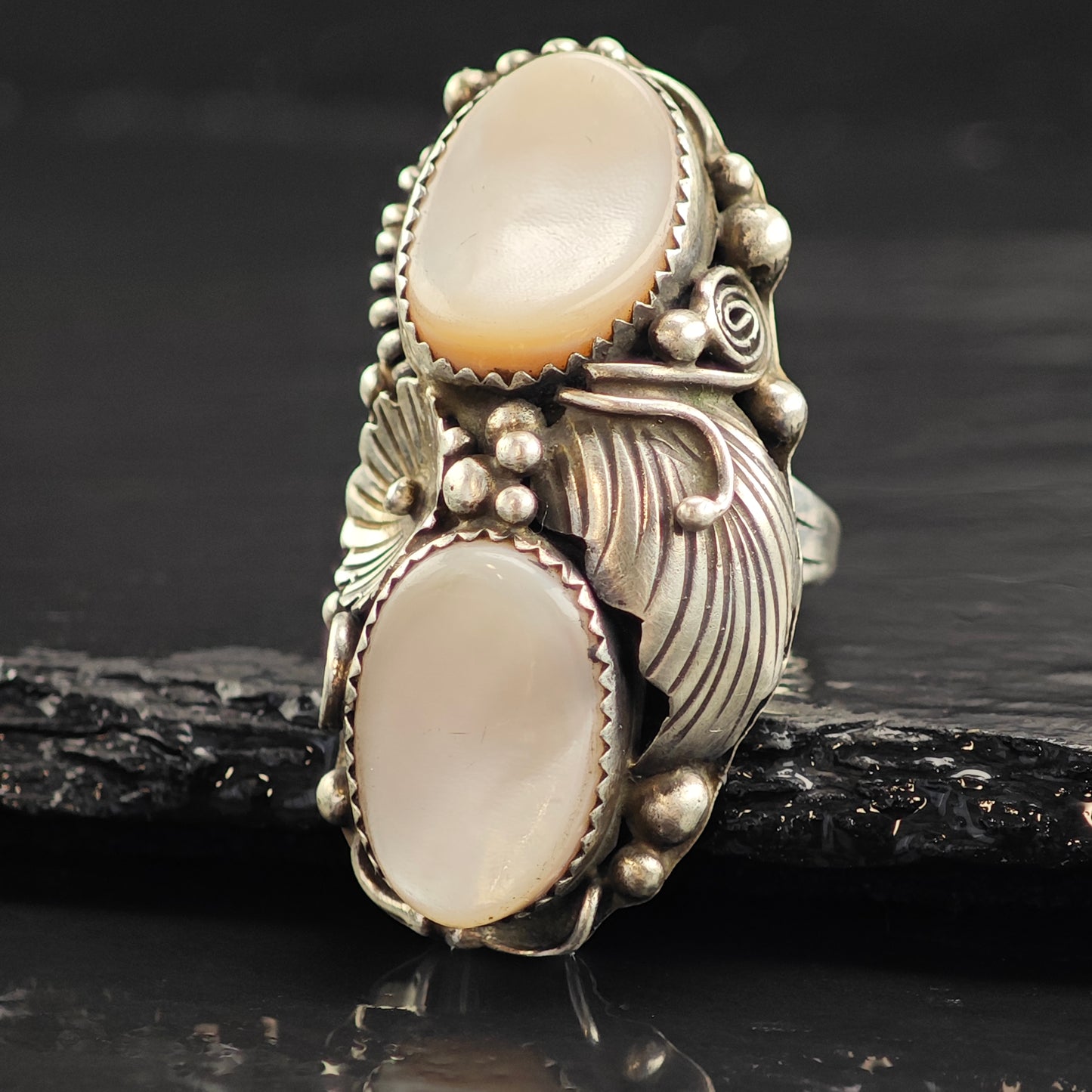 Native American Large MOP Floral Sterling Silver Ring Sz 8 1/4 R6540