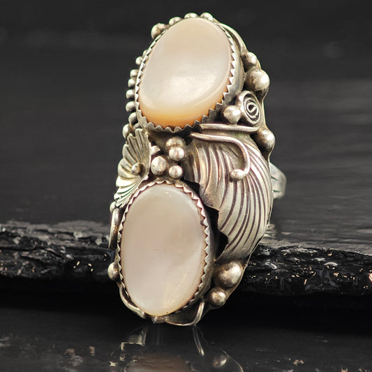 Native American Large MOP Floral Sterling Silver Ring Sz 8 1/4 R6540
