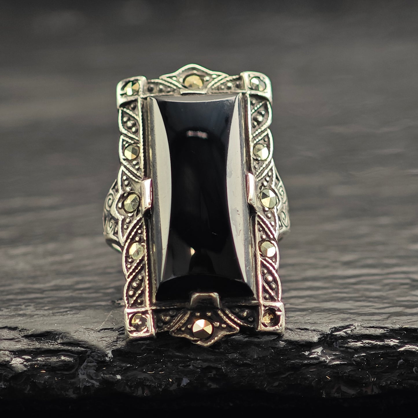 Art Deco Onyx Sterling Silver Ring Sz 3 1/2 R6543