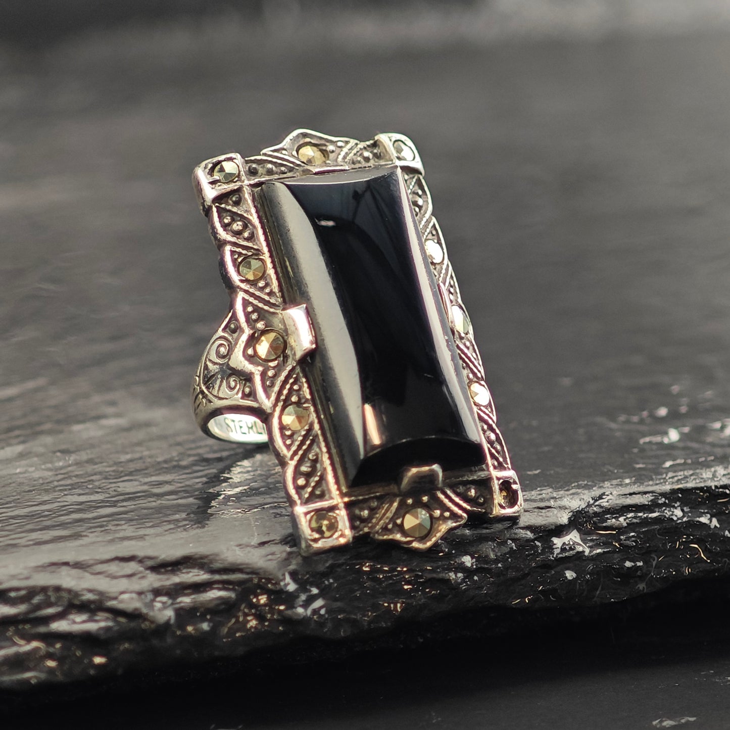 Art Deco Onyx Sterling Silver Ring Sz 3 1/2 R6543