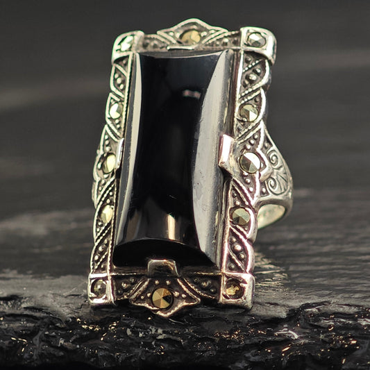 Art Deco Onyx Sterling Silver Ring Sz 3 1/2 R6543