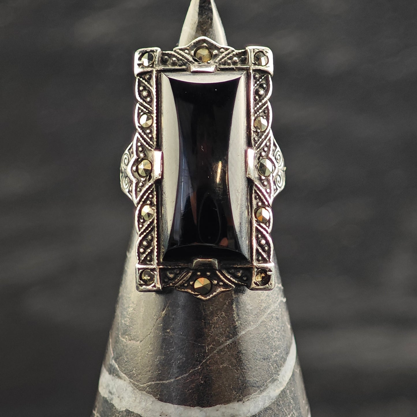Art Deco Onyx Sterling Silver Ring Sz 3 1/2 R6543