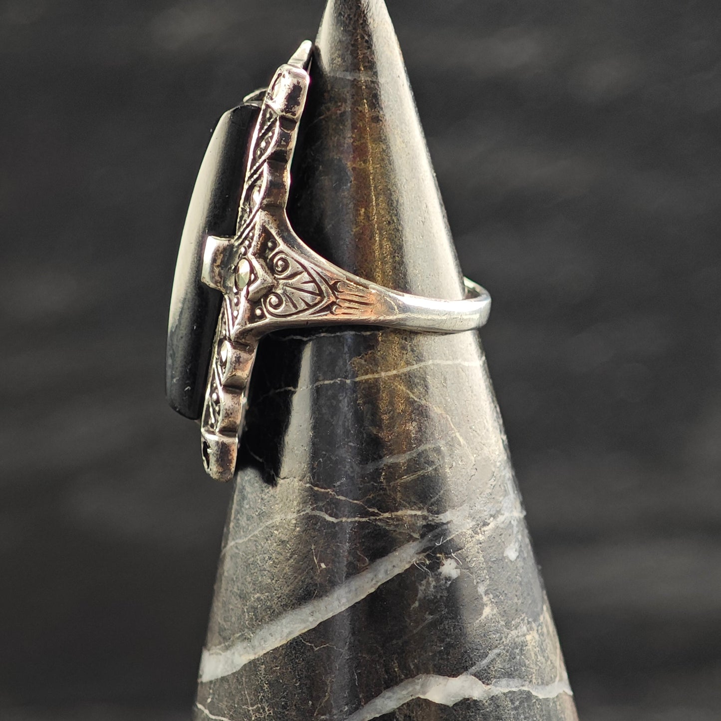 Art Deco Onyx Sterling Silver Ring Sz 3 1/2 R6543