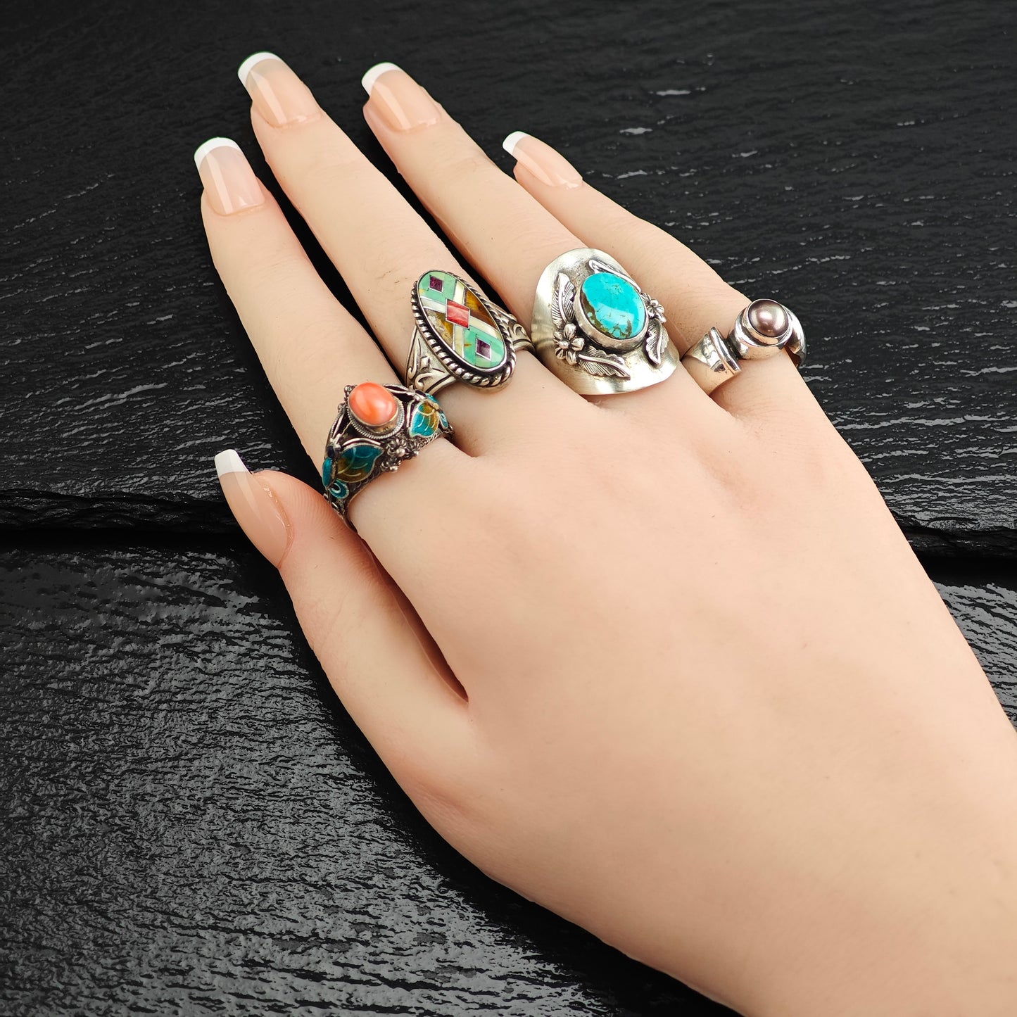 Carol Felley Turquoise Floral Silver Ring Sz 8 1/4 R6472