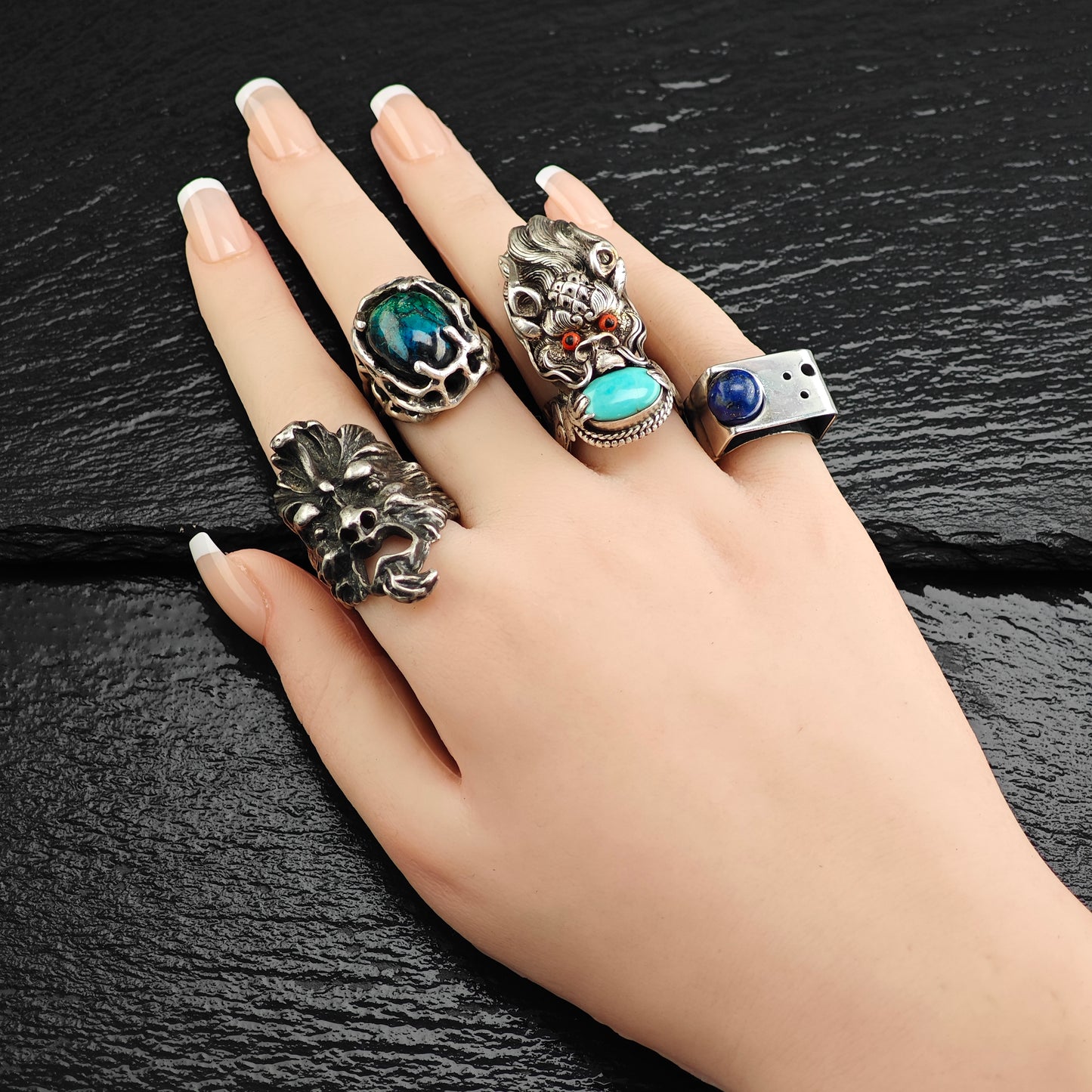 Chinese Qilin Dragon Turquoise & Coral Sterling Silver Ring Sz 8 R6478