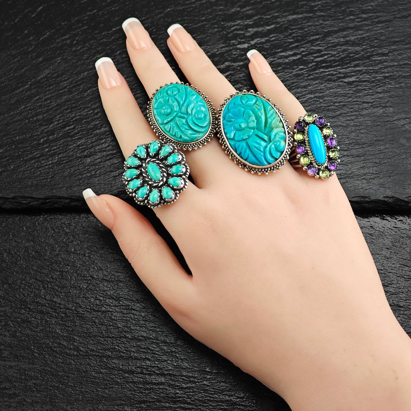 Running Bear Turquoise, Amethyst & Peridot Sterling Silver Ring Sz 6 3/4 R6511