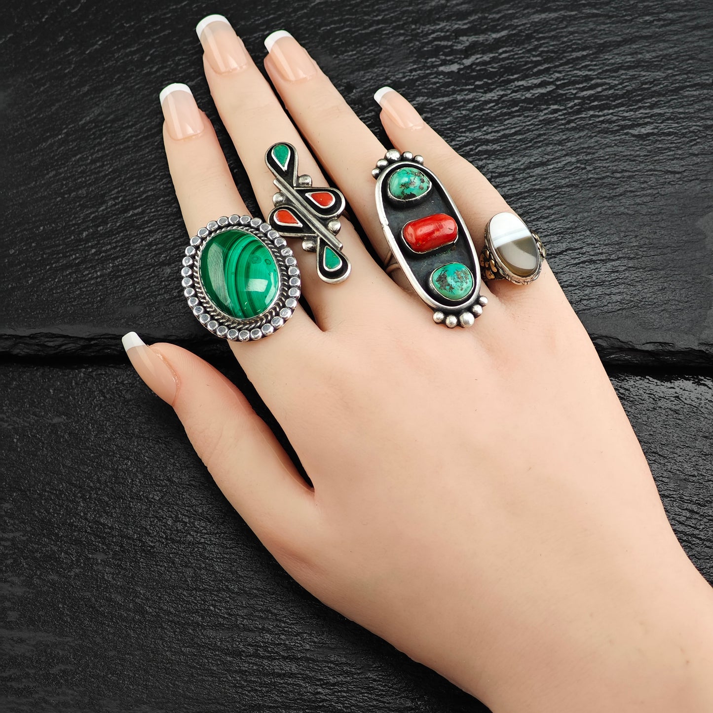 Running Bear Malachite Sterling Silver Ring Sz 6 3/4 R6508
