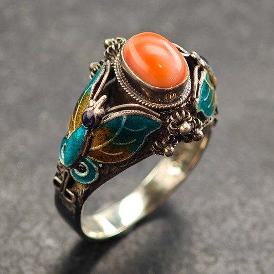 Enamel Butterfly Sterling Silver Ring Sz 10 R6476
