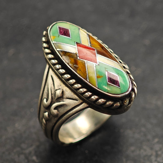 Relios Inlay Stamped Sterling Silver Ring Sz 8 R6475