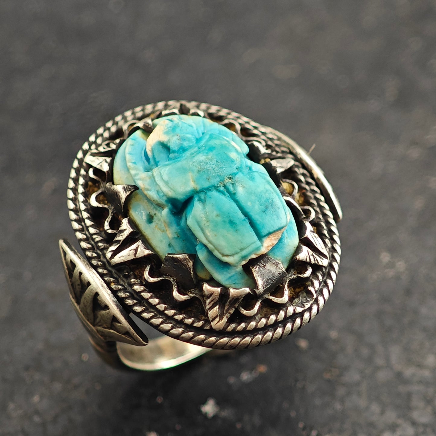 Egyptian Turquoise Color Scarab Sterling Silver Ring Sz 5 1/2 R6477