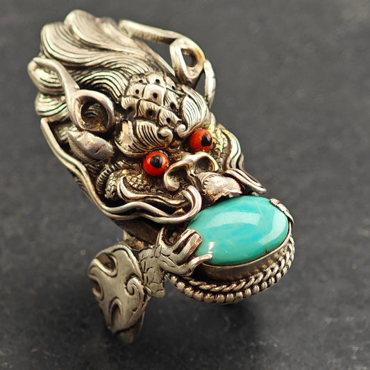 Chinese Qilin Dragon Turquoise & Coral Sterling Silver Ring Sz 8 R6478