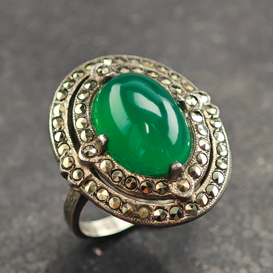 Art Deco Green Agate Cabochon Sterling Silver Ring Sz 5 1/2 R6480