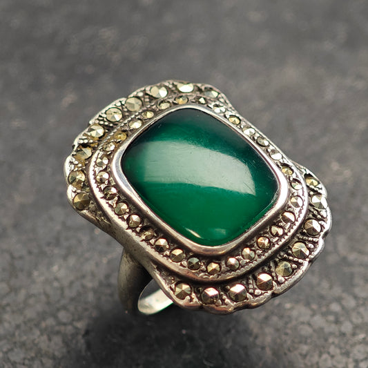 Art Deco Green Agate Sterling Silver Ring Sz 4  R6479