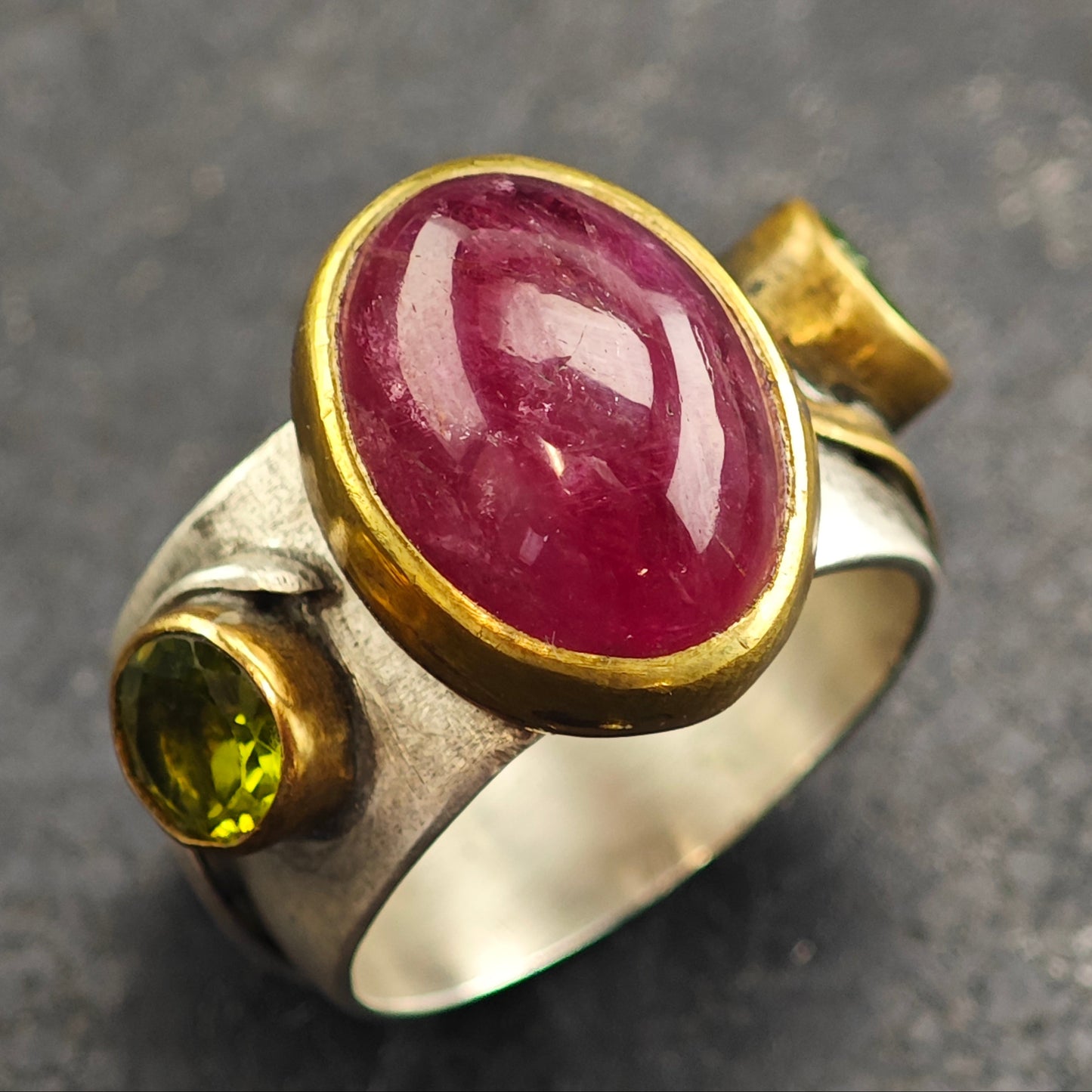 Pink Tourmaline, Peridot Roman Style Gold Filled Accent Sterling Silver Ring Sz 9 3/4 R6487