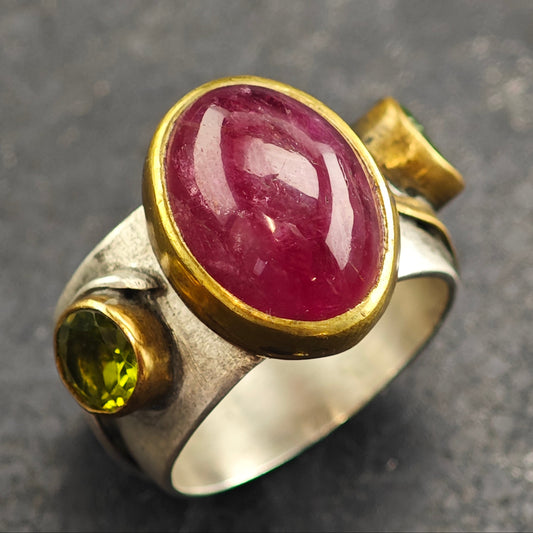 Pink Tourmaline, Peridot Roman Style Gold Filled Accent Sterling Silver Ring Sz 9 3/4 R6487