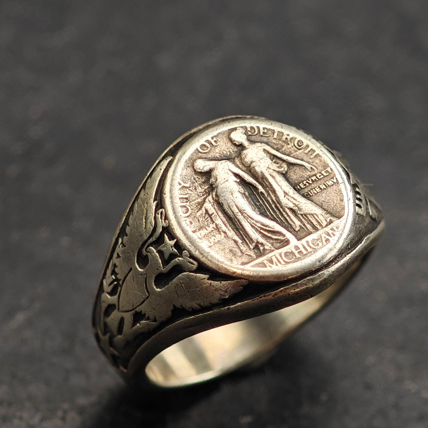 Detroit Antique Commemorative WW1 Sterling Silver Signet Ring Sz 8 R6493
