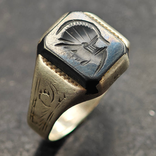 Art Deco Hematite Centurion Intaglio Signet Sterling Silver Ring Sz 11 R6503